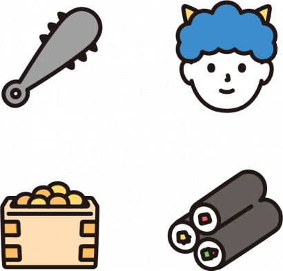 節分（金棒・鬼・福豆・恵方巻）のイラスト