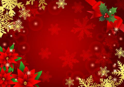 ポインセチアと雪のクリスマス背景赤
