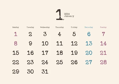 2024年1月のカレンダー 月曜始まり