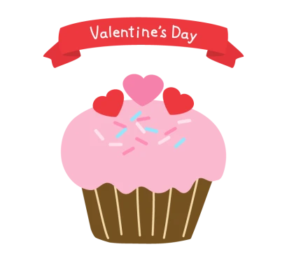 ハートのピンクのカップケーキと「Valentine’s Day」のイラスト