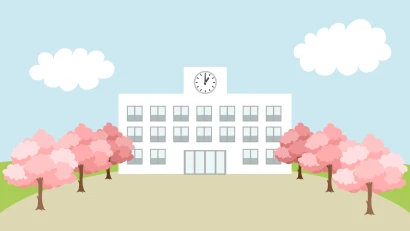 満開の桜と学校校舎