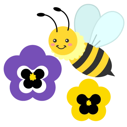 かわいいミツバチとパンジーの花
