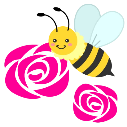 かわいいミツバチとバラの花