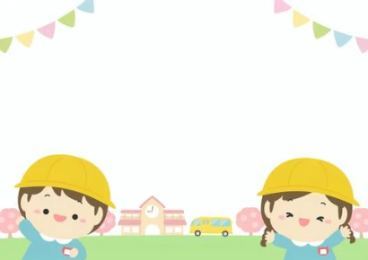 桜咲く入園式の園児と幼稚園＿春フレーム1