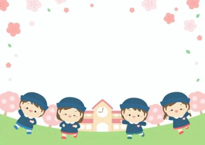 桜咲く入園式の園児と幼稚園＿春フレーム5