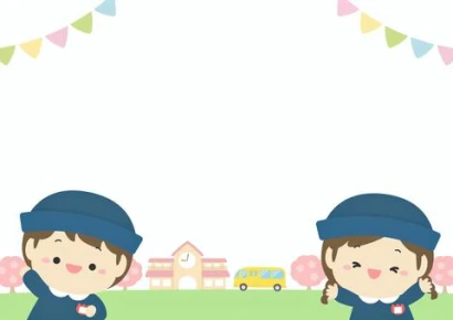 桜咲く入園式の園児と幼稚園＿春フレーム6