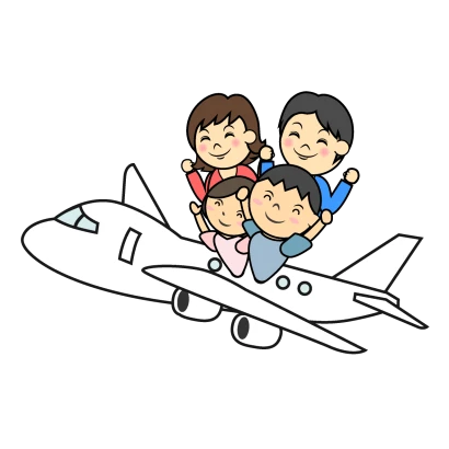 飛行機で旅行する家族