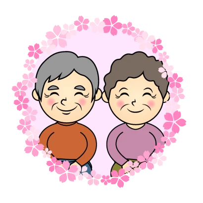 桜花リースの幸せな年配夫婦のイラスト