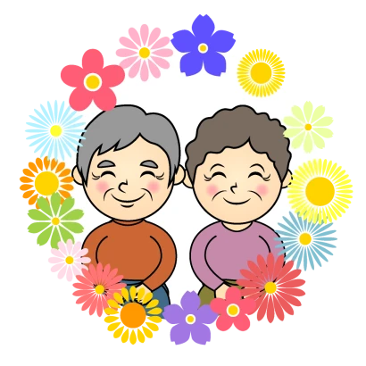 カラフルな花リースの仲の良い年配夫婦のイラスト