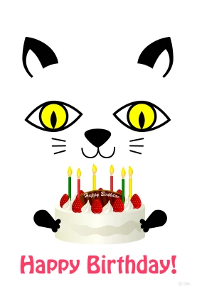 猫とケーキのバースデーカードのイラスト
