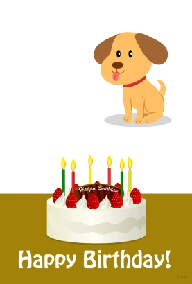 犬と誕生日ケーキのバースデーカードのイラスト