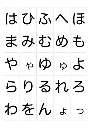 「あいうえお」ひらがなカード（は行〜わ行）のイラスト