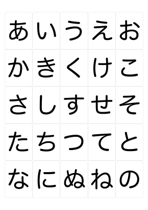 「あいうえお」ひらがなカード（あ〜な）のイラスト
