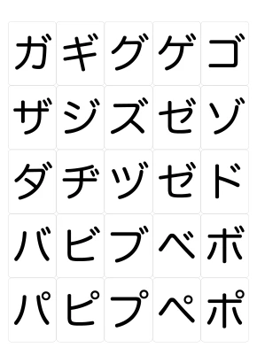 「アイウエオ」カタカナカード（ガ行〜パ行）のイラスト