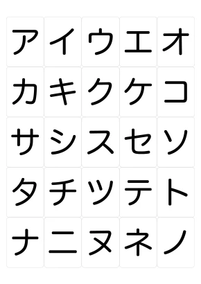 「アイウエオ」カタカナカード（ア行〜ナ行）のイラスト