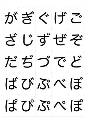 「あいうえお」ひらがなカード（が行〜ぱ行）のイラスト