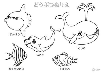海の生き物ぬりえのイラスト