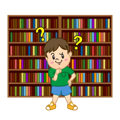 本に迷う男の子のイラスト