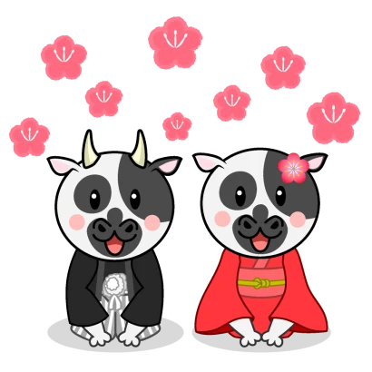 梅の花と新年挨拶する牛のイラスト