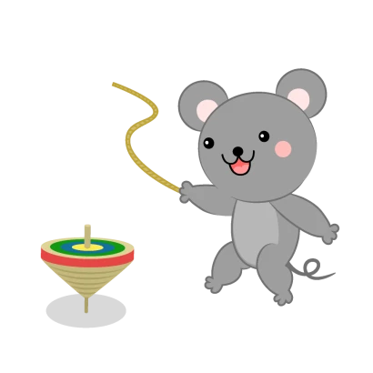 コマを回すネズミのイラスト