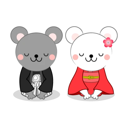 新年の挨拶する着物のネズミ夫婦のイラスト