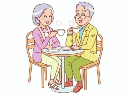 カフェテラスでお茶する老夫婦