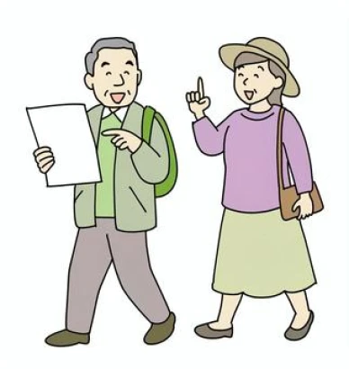 楽しく旅行する中高年の夫婦