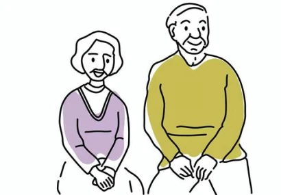 笑顔で会話するご高齢夫婦のシンプル線画