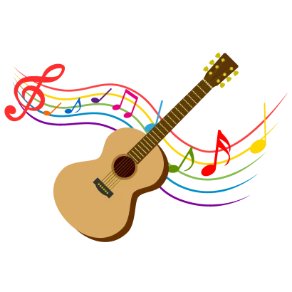 ギターとカラフルな音符の楽譜のイラスト