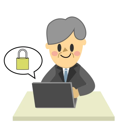安心のインターネットセキュリテーで仕事する男性のイラスト