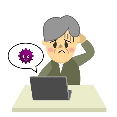 コンピュータウィルスに困る男性のイラスト