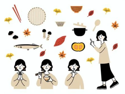秋の味覚を食べる女性のイラストセット