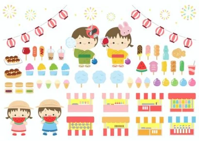 秋祭りの食べ物や人物のイラストセット