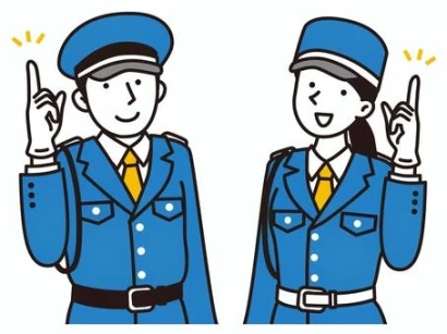 指差しする若い警備員の男女_ブルー