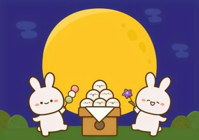 お月見をするうさぎと月見団子のイラスト