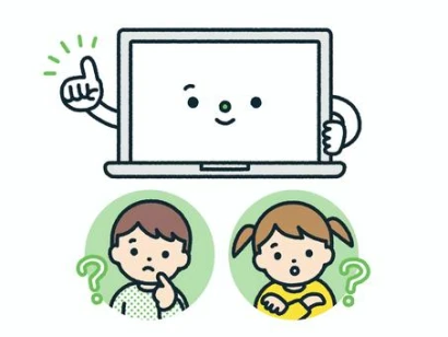 疑問の表情の子供とPCのキャラクター