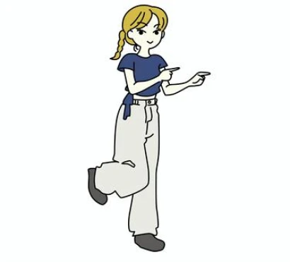 両手で右を指差す女性