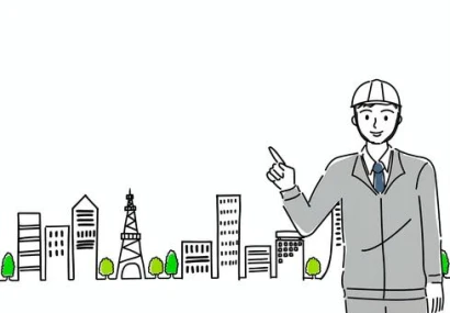 指差し説明する建築業者と街並ラフな手描き