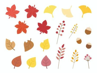 秋の紅葉した葉とどんぐりのイラストセット