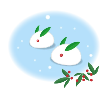 雪降る中の雪ウサギと南天のイラスト
