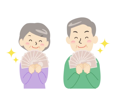 お札を手にしてニヤリ笑顔のシニア夫婦のイラスト