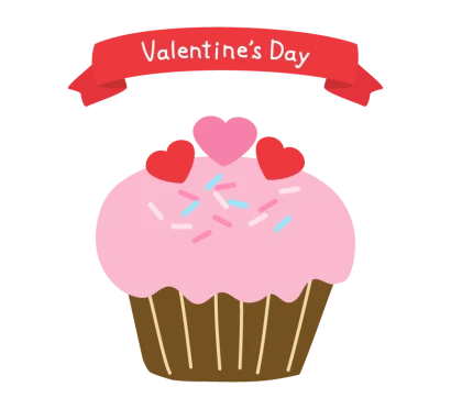 ハートのピンクのカップケーキと「Valentine’s Day」のイラスト