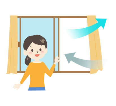 窓を開けて部屋の換気をしている女性のイラスト