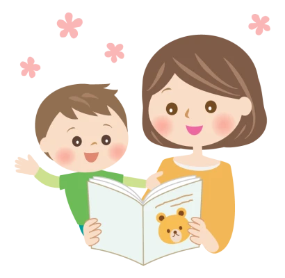 絵本の読み聞かせをする親子（お母さん）のイラスト