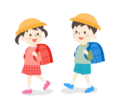 ランドセルを背負って学校に通学する小学生のイラスト