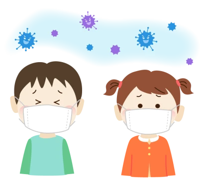ウィルス菌とマスクをしている子供のイラスト