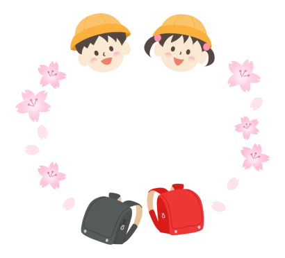 赤と黒のランドセルと小学生と桜のフレーム・枠イラスト