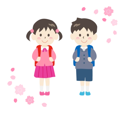 ランドセルを背負った小学生と桜のイラスト