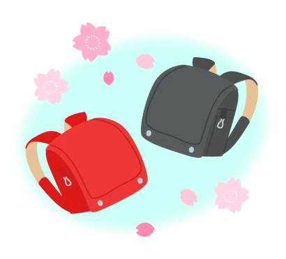 赤と黒のランドセルと桜のイラスト