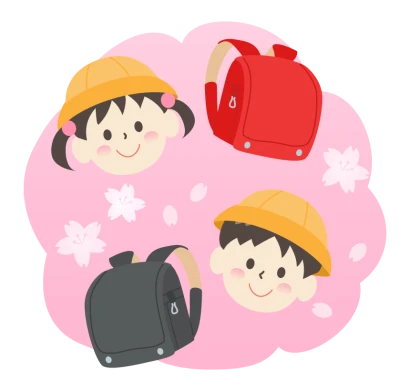 赤と黒のランドセルと小学生と桜のイラスト